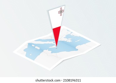 Mapa de papel isométrico de Malta con bandera triangular de Malta de estilo isométrico. Mapa sobre el fondo topográfico. Ilustración vectorial.