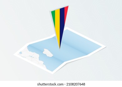 Isometric paper map of Mauritius with triangular flag of Mauritius in isometric style. Map on topographic background. Vector illustration.
