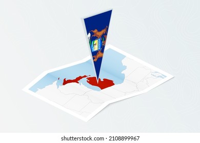 Isometric paper map of Michigan with triangular flag of Michigan in isometric style. Map on topographic background. Vector illustration.