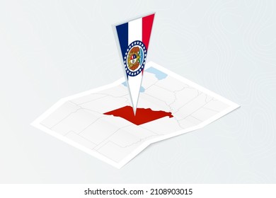 Isometric paper map of Missouri with triangular flag of Missouri in isometric style. Map on topographic background. Vector illustration.