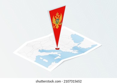 Isometric paper map of Montenegro with triangular flag of Montenegro in isometric style. Map on topographic background. Vector illustration.