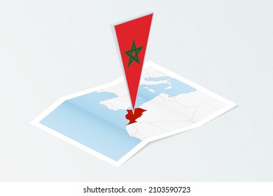 Isometric paper map of Morocco with triangular flag of Morocco in isometric style. Map on topographic background. Vector illustration.