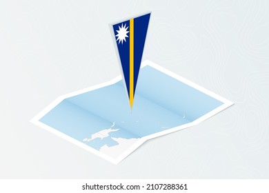 Isometric paper map of Nauru with triangular flag of Nauru in isometric style. Map on topographic background. Vector illustration.