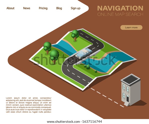Isometric paper map navigation, car point markers\
background, vector isometry nature schema, 3D simple route plan GPS\
navigation, final automobile destination map. Route delivery check\
point graphic