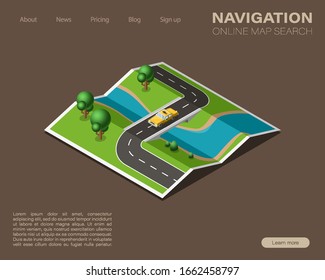 Isometric paper map navigation, taxi point markers background, vector isometry nature schema, 3D simple route plan GPS navigation, final taxi destination arrow map. Route delivery check point graphic