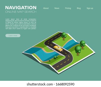 Isometric paper map navigation, taxi point markers background, vector isometry nature schema, 3D simple route plan GPS navigation, final taxi destination arrow map. Route delivery check point graphic