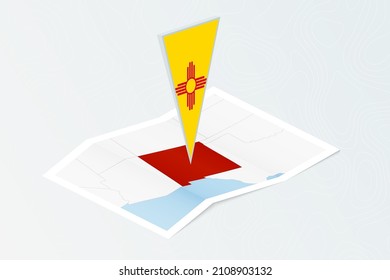 Isometric paper map of New Mexico with triangular flag of New Mexico in isometric style. Map on topographic background. Vector illustration.