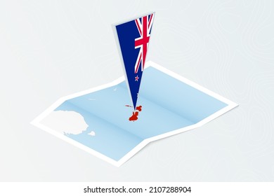 Isometric paper map of New Zealand with triangular flag of New Zealand in isometric style. Map on topographic background. Vector illustration.