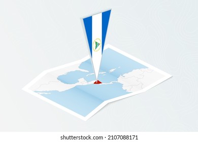Isometric paper map of Nicaragua with triangular flag of Nicaragua in isometric style. Map on topographic background. Vector illustration.