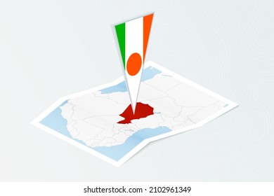 Isometric paper map of Niger with triangular flag of Niger in isometric style. Map on topographic background. Vector illustration.