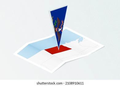 Isometrische Papierkarte von North Dakota mit dreieckiger Flagge von North Dakota im isometrischen Stil. Karte auf topographischem Hintergrund. Vektorgrafik.