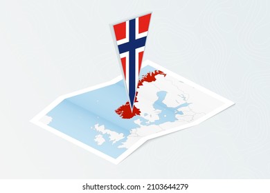 Isometric paper map of Norway with triangular flag of Norway in isometric style. Map on topographic background. Vector illustration.