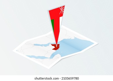 Isometric paper map of Oman with triangular flag of Oman in isometric style. Map on topographic background. Vector illustration.