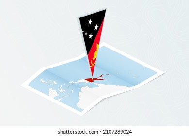 Isometric paper map of Papua New Guinea with triangular flag of Papua New Guinea in isometric style. Map on topographic background. Vector illustration.