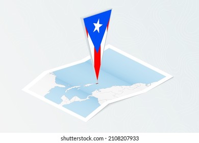 Isometric paper map of Puerto Rico with triangular flag of Puerto Rico in isometric style. Map on topographic background. Vector illustration.