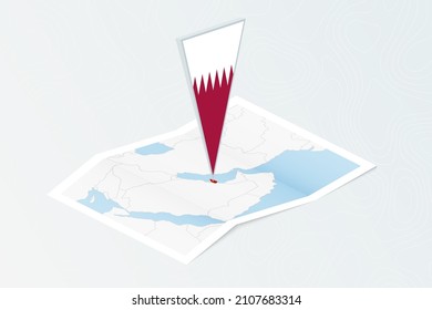 Isometric paper map of Qatar with triangular flag of Qatar in isometric style. Map on topographic background. Vector illustration.