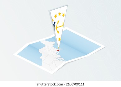 Isometric paper map of Rhode Island with triangular flag of Rhode Island in isometric style. Map on topographic background. Vector illustration.
