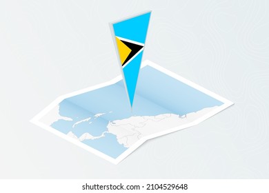 Isometric paper map of Saint Lucia with triangular flag of Saint Lucia in isometric style. Map on topographic background. Vector illustration.