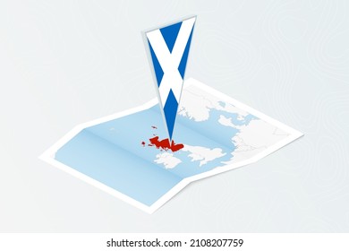 Isometric paper map of Scotland with triangular flag of Scotland in isometric style. Map on topographic background. Vector illustration.