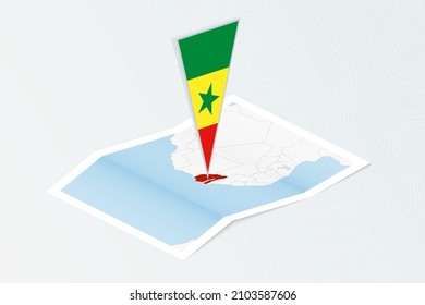 Isometric paper map of Senegal with triangular flag of Senegal in isometric style. Map on topographic background. Vector illustration.