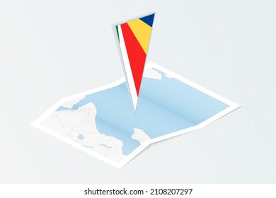 Isometric paper map of Seychelles with triangular flag of Seychelles in isometric style. Map on topographic background. Vector illustration.
