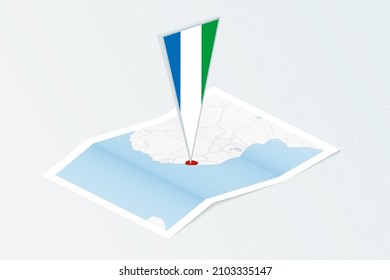 Isometric paper map of Sierra Leone with triangular flag of Sierra Leone in isometric style. Map on topographic background. Vector illustration.