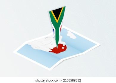 Isometric paper map of South Africa with triangular flag of South Africa in isometric style. Map on topographic background. Vector illustration.