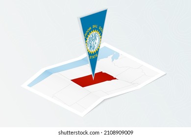 Isometric paper map of South Dakota with triangular flag of South Dakota in isometric style. Map on topographic background. Vector illustration.