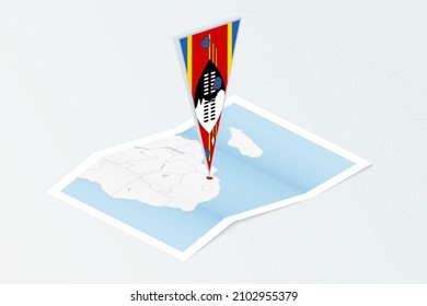 Isometric paper map of Swaziland with triangular flag of Swaziland in isometric style. Map on topographic background. Vector illustration.