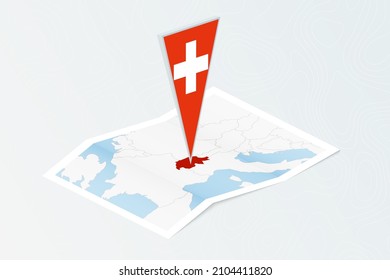 Isometric paper map of Switzerland with triangular flag of Switzerland in isometric style. Map on topographic background. Vector illustration.
