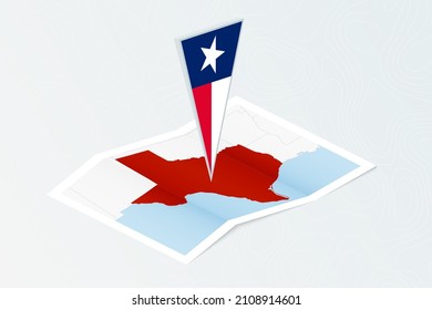 Isometrische Papierkarte von Texas mit dreieckiger Flagge von Texas im isometrischen Stil. Karte auf topographischem Hintergrund. Vektorgrafik.