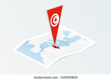 Isometric paper map of Tunisia with triangular flag of Tunisia in isometric style. Map on topographic background. Vector illustration.