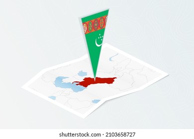 Isometric paper map of Turkmenistan with triangular flag of Turkmenistan in isometric style. Map on topographic background. Vector illustration.