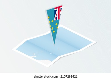 Isometric paper map of Tuvalu with triangular flag of Tuvalu in isometric style. Map on topographic background. Vector illustration.