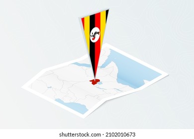 Isometric paper map of Uganda with triangular flag of Uganda in isometric style. Map on topographic background. Vector illustration.