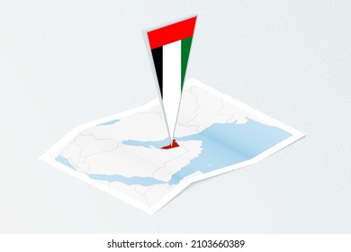 Mapa de papel isométrico de los Emiratos Árabes Unidos con bandera triangular de los Emiratos Árabes Unidos en estilo isométrico. Mapa sobre el fondo topográfico. Ilustración vectorial.