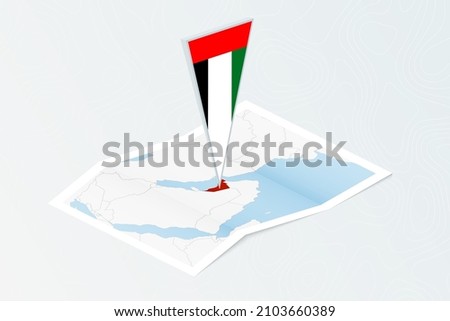 Isometric paper map of United Arab Emirates with triangular flag of United Arab Emirates in isometric style. Map on topographic background. Vector illustration.