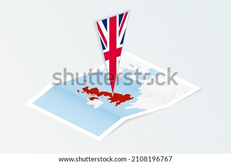 Isometric paper map of United Kingdom with triangular flag of United Kingdom in isometric style. Map on topographic background. Vector illustration.