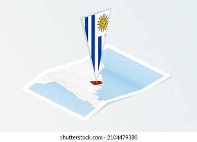 Isometric paper map of Uruguay with triangular flag of Uruguay in isometric style. Map on topographic background. Vector illustration.