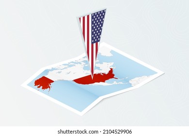 Isometric paper map of USA with triangular flag of USA in isometric style. Map on topographic background. Vector illustration.