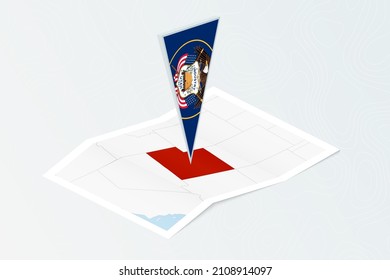 Isometric paper map of Utah with triangular flag of Utah in isometric style. Map on topographic background. Vector illustration.