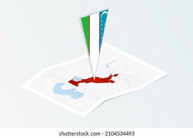 Isometric paper map of Uzbekistan with triangular flag of Uzbekistan in isometric style. Map on topographic background. Vector illustration.