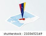 Isometric paper map of Venezuela with triangular flag of Venezuela in isometric style. Map on topographic background. Vector illustration.