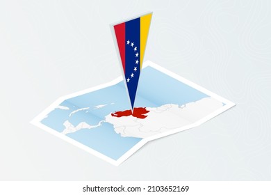 Isometric paper map of Venezuela with triangular flag of Venezuela in isometric style. Map on topographic background. Vector illustration.