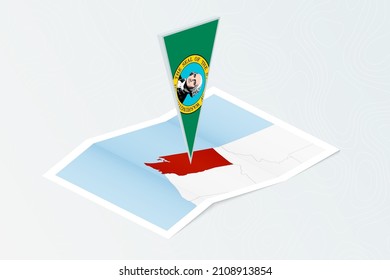 Isometric paper map of Washington with triangular flag of Washington in isometric style. Map on topographic background. Vector illustration.