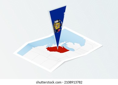 Isometric paper map of Wisconsin with triangular flag of Wisconsin in isometric style. Map on topographic background. Vector illustration.