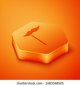 Isometric Paper mustache on stick icon isolated on orange background. Concept with cardboard carnival mask. Mask for a photo shoot. Orange hexagon button. Vector Illustration
