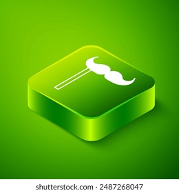 Isometric Paper mustache on stick icon isolated on green background. Concept with cardboard carnival mask. Mask for a photo shoot. Green square button. Vector