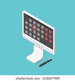 Isometric paper notepad merging with digital event planner on computer display. Classic and modern and digitization concept. Flat design. EPS 8 vector illustration, no transparency, no gradients