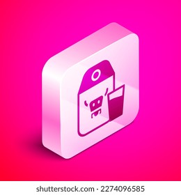 Isometric Paper package for milk and glass icon isolated on pink background. Milk packet sign. Silver square button. Vector